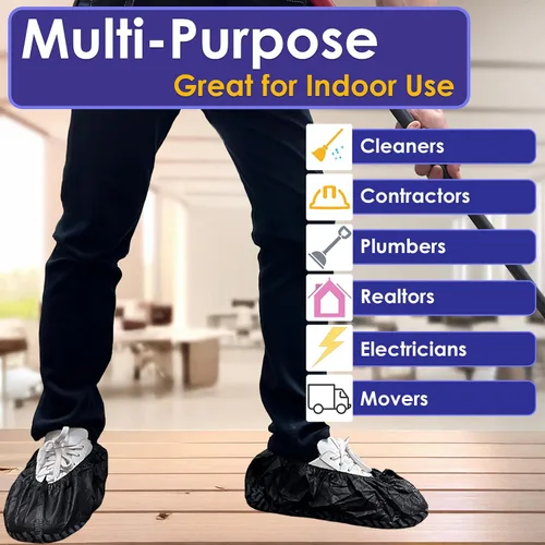 Vista 4 de Paquete de 100 fundas negras desechables extragrandes para botas y zapatos. Botines reutilizables resistentes al agua duraderos con peldaños