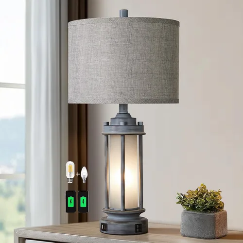 Vista 16 de Lámpara de mesa de granja de 25 pulgadas con 2 puertos de carga USB, lámpara de mesita de noche rústica vintage con luz nocturna de vidrio