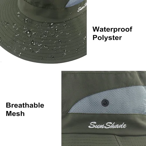 Vista 5 de Sombrero de verano para mujer, ala ancha, protección UV, plegable, para cola de caballo, para playa, pesca, senderismo Verde militar
