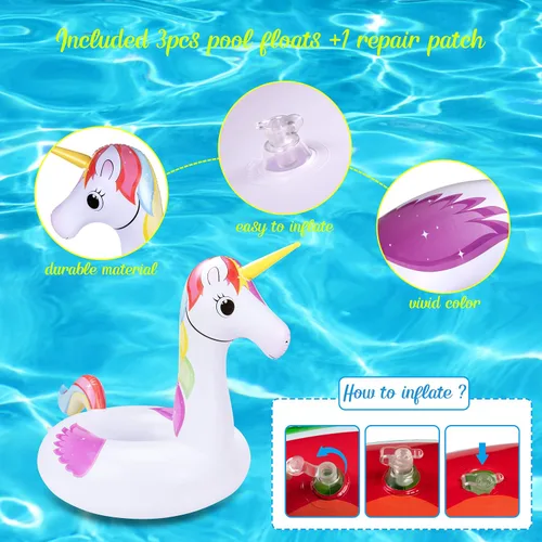 Vista 8 de Juego de 3 flotadores de piscina para adultos, unicornio + flamenco + sandía, flotadores inflables de playa para adultos, niños de 8 a 12 años