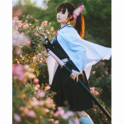 Vista 3 de UZAIN Disfraz de cosplay para mujer, disfraz de anime Kamado Tsuyuri Shinobu Mitsuri, conjunto completo con bambú