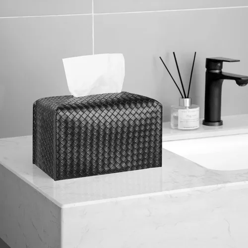 Vista 3 de Funda para caja de pañuelos de piel sintética, estuche cuadrado para pañuelos faciales, dispensador de papel facial para baño, encimera de tocador
