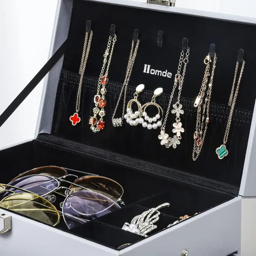 Vista 9 de Homde Joyero organizador para mujeres y niñas estuche grande de almacenamiento de joyas con cajón collar aretes anillos reloj gafas de sol