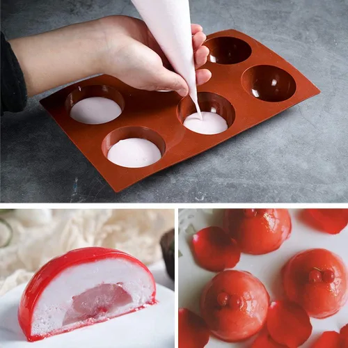 Vista 3 de Juego de 2 moldes de silicona semiesféricos con 6 cavidades para bombas de chocolate caliente, bombas de cacao, mousse de cúpula, utensilios