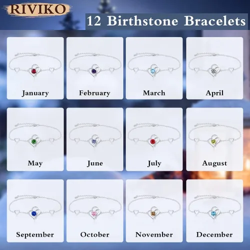 Vista 5 de RIVIKO Pulsera con dije de corazón de amor para mujer, plata de ley 925 con circonitas de piedra natal, eslabones ajustables para madre, esposa
