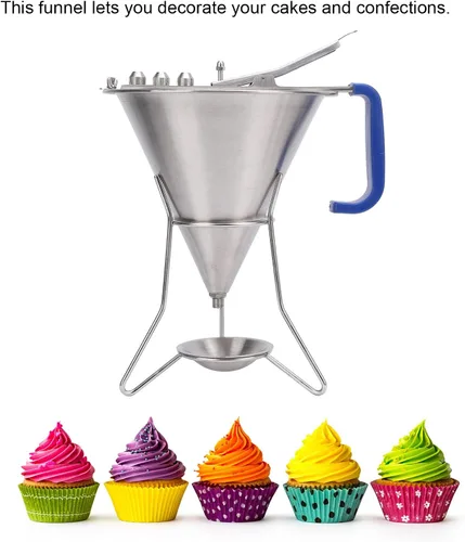 Vista 3 de Embudo de confitería de acero inoxidable con soporte, dispensador de masa de pasteles, herramienta de horneado para panqueques, cupcakes, bolas