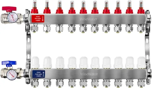 Vista 12 de AB Colector PEX de 2 bucles/radiante, salidas compatibles de 1/2 pulgada, válvula de flujo de hasta 1.4 GPM para calefacción radiante hidrónica
