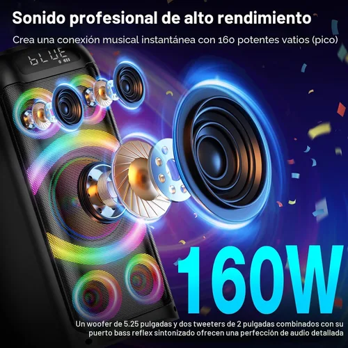 Vista 2 de Altavoz Bluetooth, potente sonido estéreo de 160 W de pico, graves profundos, inalámbrico, boombox portátil grande, altavoces de fiesta