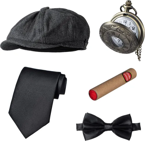 Vista 5 de TOGROP Chaleco de disfraz de los años 20 para hombre, sombrero y accesorios para reloj de bolsillo, juego de accesorios para fiesta de adultos