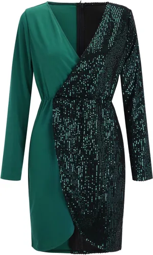 Vista 2 de Vestido de cóctel con lentejuelas y retazos, ajustado, sexy, cuello en V profundo, elegante, vestido de manga larga, mini vestido de noche