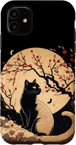 Vista 8 de Kawaii black cat japanese with cherry blossom anime style Case for iPhone 16