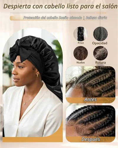 Vista 4 de AWAYTR Gorro largo de satén para mujer, gorro de seda elástica de doble capa para trenzas, gorro de dormir con banda de amarre (negro)