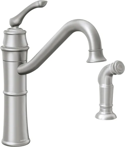 Vista 7 de Moen Wetherly 87999BRB - Grifo de cocina de arco alto de bronce mediterráneo con rociador lateral, 87999BRB