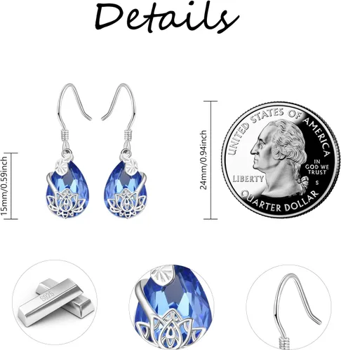 Vista 3 de Aretes de loto de plata de ley 925 con diseño de loto, aretes colgantes de loto azul zafiro, regalo de joyería para mujeres y niñas, Plata de ley