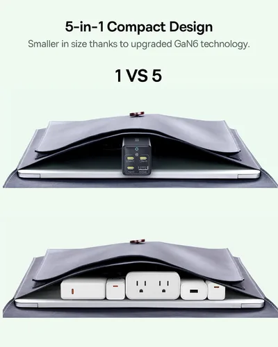 Vista 5 de Baseus Estación de carga 100W, tira de alimentación de viaje 5 en 1 con cargador USB C, con cable de extensión desmontable de 5 pies, enchufe plano