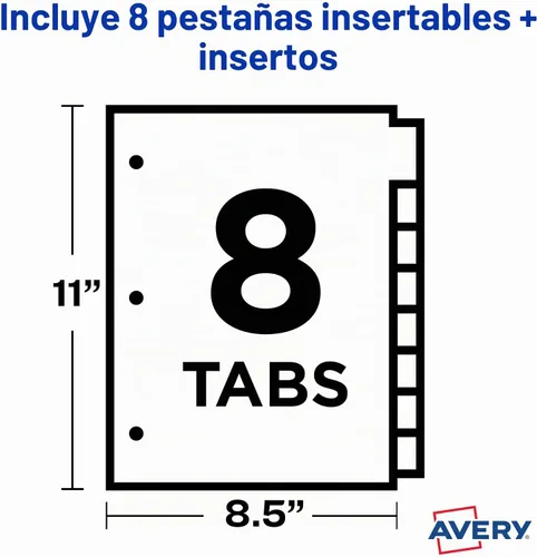 Vista 8 de Separadores Avery para carpetas de 3 anillas, separadores de plástico de 8 pestañas insertables con pestañas grandes, multicolor, 1 juego (11901)