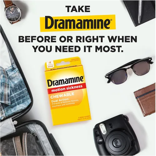 Vista 3 de Dramamine masticable, Alivio del mareo por movimiento, sabor a naranja, 4 unidades Chewables for Nausea Relief During Travel, Prevent & Relieve