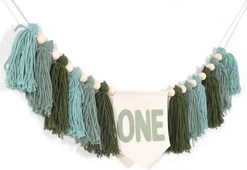 Vista 9 de Greenery 1st - Guirnalda de borlas de madera y naturaleza verde Greenery - Cartel de primer cumpleaños verde