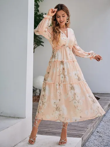 Vista 2 de Amegoya - Vestido largo casual de manga corta con cuello en V para mujer, diseño floral, estilo bohemio, para la playa, sesión de fotos, con volantes