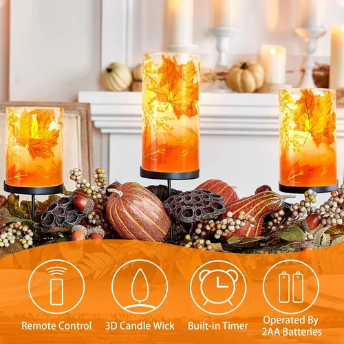 Vista 2 de Velas sin llama de otoño, velas LED de hoja de arce otoñal con control remoto y temporizador, velas de cera real parpadeantes realistas para fiestas