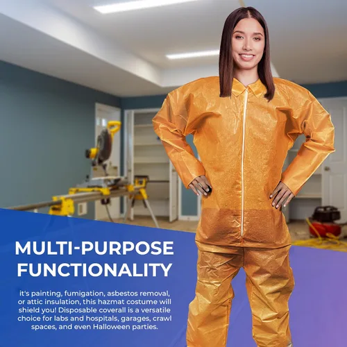 Vista 6 de AMZ Medical Supply Overol desechable naranja para hombres/mujeres, grande. Traje de material peligroso desechable. Overol transpirable de PP+PE