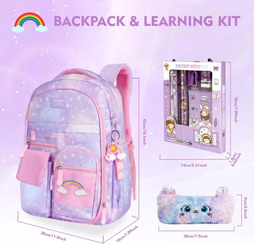 Vista 2 de Mochila Kawaii Rainbow para niñas Lindas bolsas escolares estrelladas para niños y adolescentes con estuche de felpa para bolígrafos y juego de 6