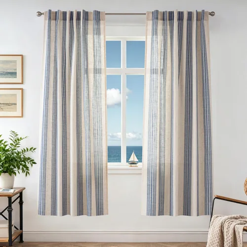 Vista 52 de DriftAway Cortinas de estilo granja con rayas verticales de lino mezclado texturizado con filtro de luz semitransparente para sala de estar