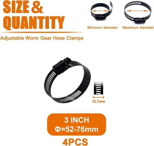 Vista 2 de ISPINNER 4 abrazaderas de manguera de engranaje helicoidal de acero inoxidable ajustable de 3 pulgadas con rango de tamaño de 2.047-2.992 in