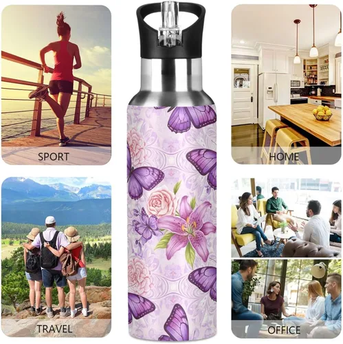 Vista 5 de Purple Butterflies Stainless Steel Water Bottle 20 Oz, BPA-Free Sports Water Bottle Leakproof Water Bottles