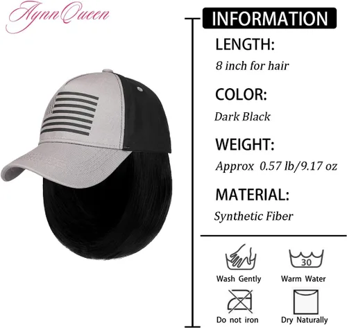 Vista 4 de AynnQueen Pelucas de gorra de béisbol con bandera estadounidense con extensiones de pelo corto estilo Bob para mujer