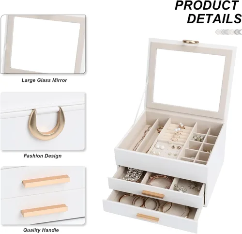 Vista 12 de Elegant Gift Jewelry Box with Mirror - 3-Layer Organizer for Earrings, Rings, Necklaces, Ready to Give for Birthday Anniversary Christmas Apricot