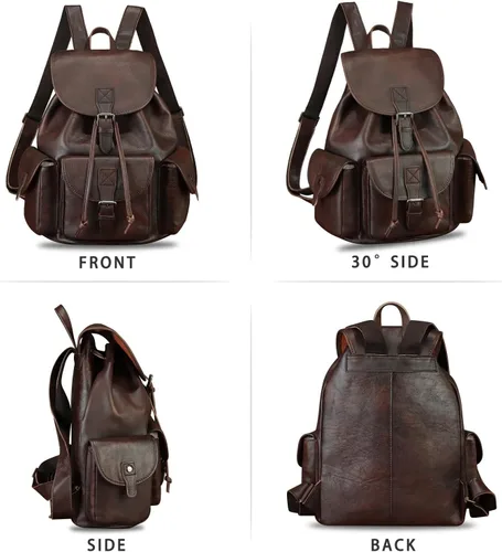 Vista 4 de IVTG Mochila de cuero genuino para hombres y mujeres, mochila vintage de cuero real, mochila de moda de alta capacidad (café)