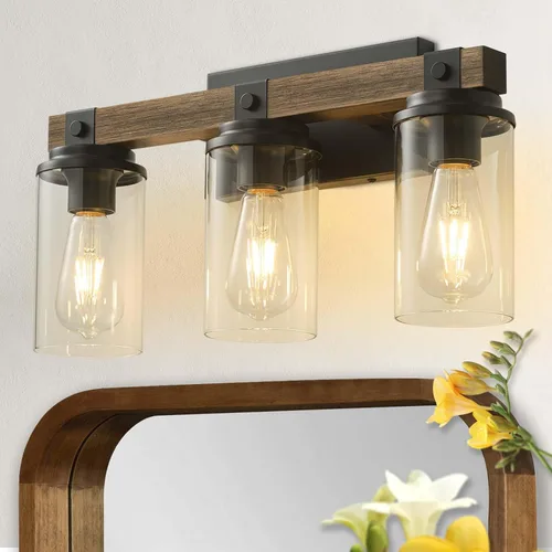 Vista 10 de Lámpara de Baño Estilo Granja de Madera Negra, Iluminación de Tocador de 2 Luces, Aplique de Pared de Madera, Accesorio de Pared Industrial Rústico