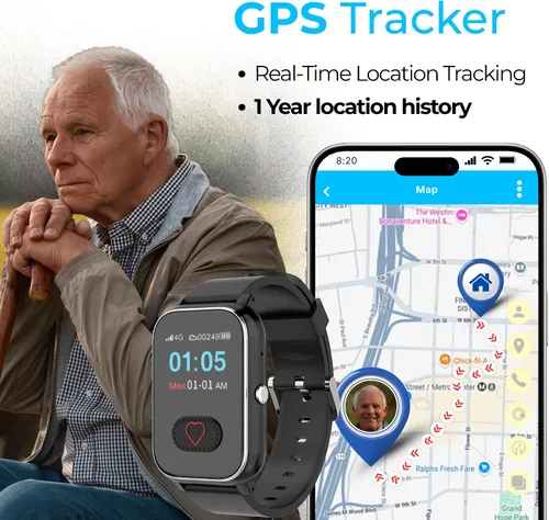 Vista 6 de Seculife Reloj inteligente de alerta médica celular para personas mayores con detección de caídas, seguimiento GPS, botón SOS, monitor de frecuencia