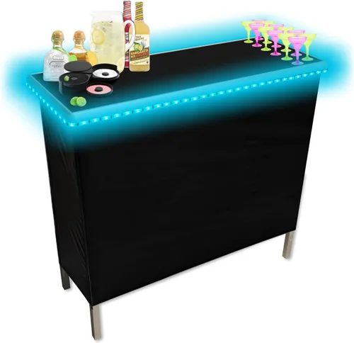 Vista 6 de Barra de fiesta portátil plegable negra con luces LED multicolor patentadas, falda negra y estante de almacenamiento, evita falsificaciones chinas