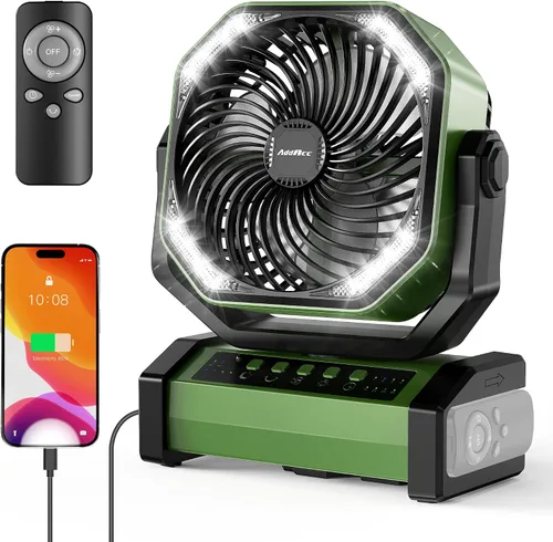 Vista 10 de AddAcc Ventilador de camping recargable de 20000mAh - Ventilador operado por batería con luz y control remoto, oscilación automática, temporizador