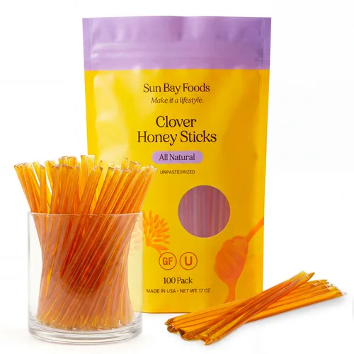 Vista 3 de Sun Bay Organics - Palitos de miel – 100 unidades de paquetes de miel pura sin filtrar sin OMG para té y aperitivos, fabricados en los Estados Unidos