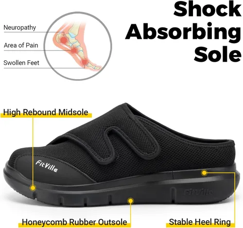 Vista 4 de FitVille Zapatos para diabéticos para hombre, sin cordones, para pies hinchados, extra anchos, ajustables, zapatos para caminar para fascitis