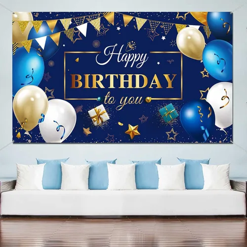 Vista 5 de Sumind Cartel de fondo de feliz cumpleaños para hombres, decoraciones de cumpleaños azul marino y dorado, fondo de fotos, suministros