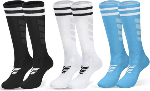 Vista 8 de 6 pares de calcetines elásticos de fútbol para niños, calcetines de tubo alto hasta la rodilla, coloridos calcetines de fútbol atlético para niños