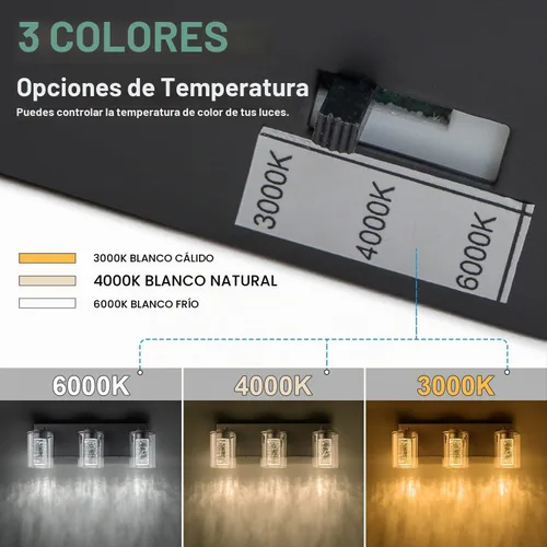 Vista 4 de SineRise Lámpara de tocador negra (3 luces, 17 pulgadas), (3000 K/4000 K/6000 K, regulable), lámpara LED de baño con protección ocular, moderna Negro