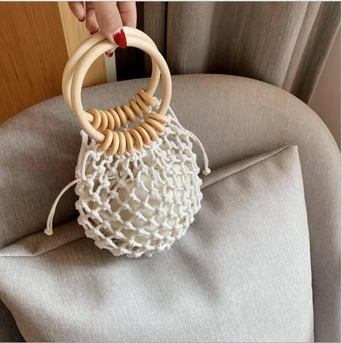 Vista 4 de Ayliss Mini bolso de mano para mujer con asa superior cordón de ajuste tejido a mano bolsa de red de pesca