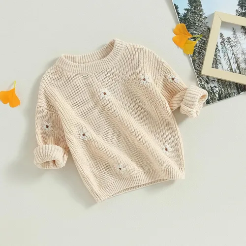 Vista 3 de Suéter de punto para bebé niña, con bordado floral, cuello redondo, manga larga, suéter de punto, ropa cálida para otoño e invierno