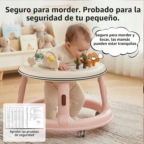 Vista 6 de Andador de bebé 5 en 1 con ruedas, gorila, andador de empuje y mesa de Rosa claro