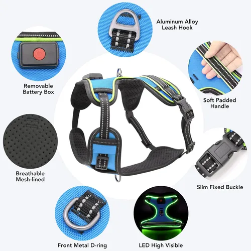 Vista 3 de Arnés de seguridad LED para perro, chaleco con luz para perro, arnés sin tirones, arnés recargable brillante para mascotas para caminar por la noche