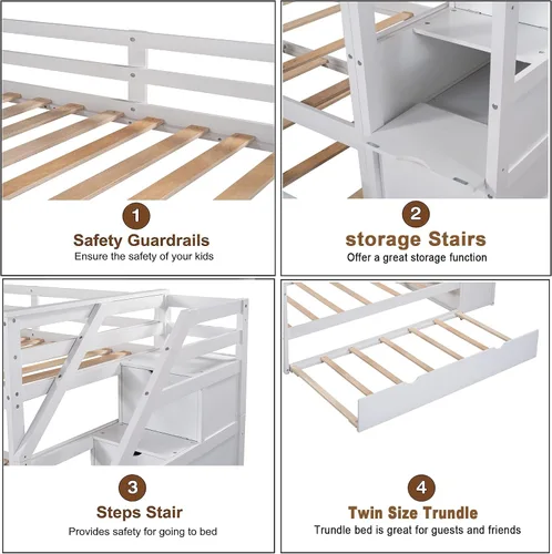 Vista 4 de Harper & Bright Designs Litera con nido y escalera, marco de literas de madera individual sobre cama individual con barandilla de seguridad, litera