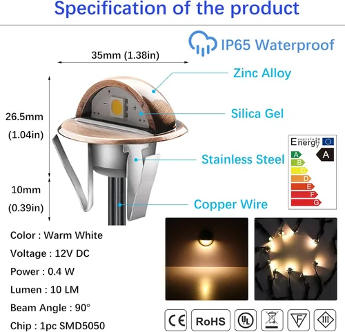 Vista 2 de Kit de luces LED para exteriores, Φ1.38 pulgadas, blanco cálido, paquete de 10 unidades, bronce, bajo voltaje, 12 V CC, IP65, impermeable