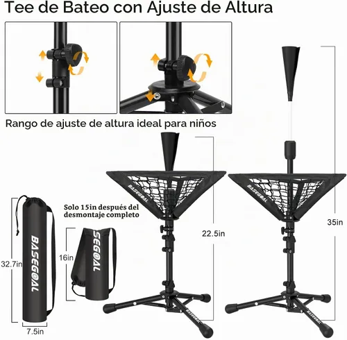 Vista 8 de BaseGoal Baseball Batting Tee with Removable Baseball Caddy for Kids