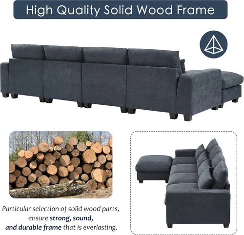 Vista 83 de Sofá modular moderno en forma de U de 115 pulgadas, juego de sofás tapizados grandes con asiento de almacenamiento, sofá cama convertible con diván