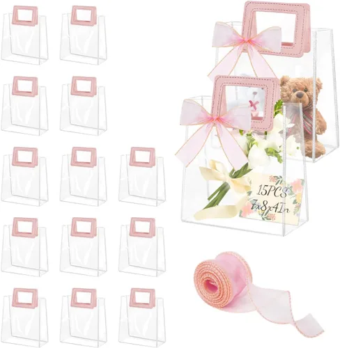 Vista 10 de 24 bolsas de regalo transparentes con asas, bolsa de regalo de PVC transparente con cinta, bolsas de compras de plástico reutilizables, bolsas de 24